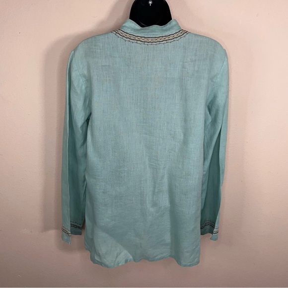Size 6 Rafaella Linen Blouse Top Mint Teal Beaded Sequined Boho Bohemian - Picture 9 of 14